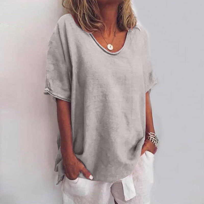 Dark grey relaxed-fit round-neck everyday top with a loose, floaty cut