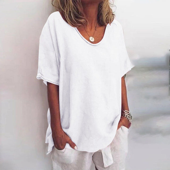Dark grey relaxed-fit round-neck everyday top with a loose, floaty cut