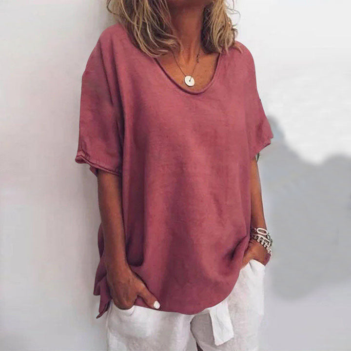 Dark grey relaxed-fit round-neck everyday top with a loose, floaty cut