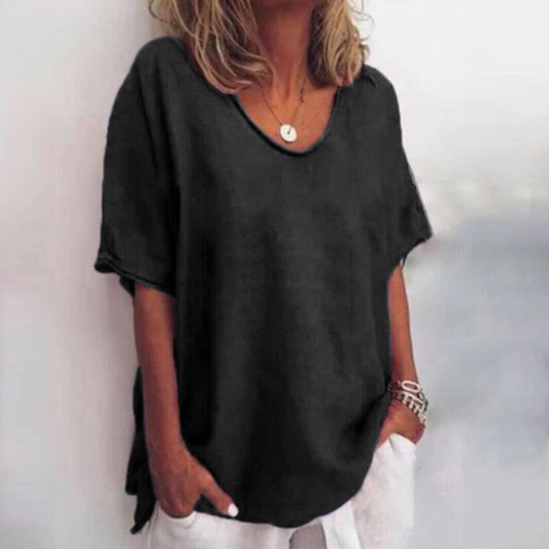 Dark grey relaxed-fit round-neck everyday top with a loose, floaty cut