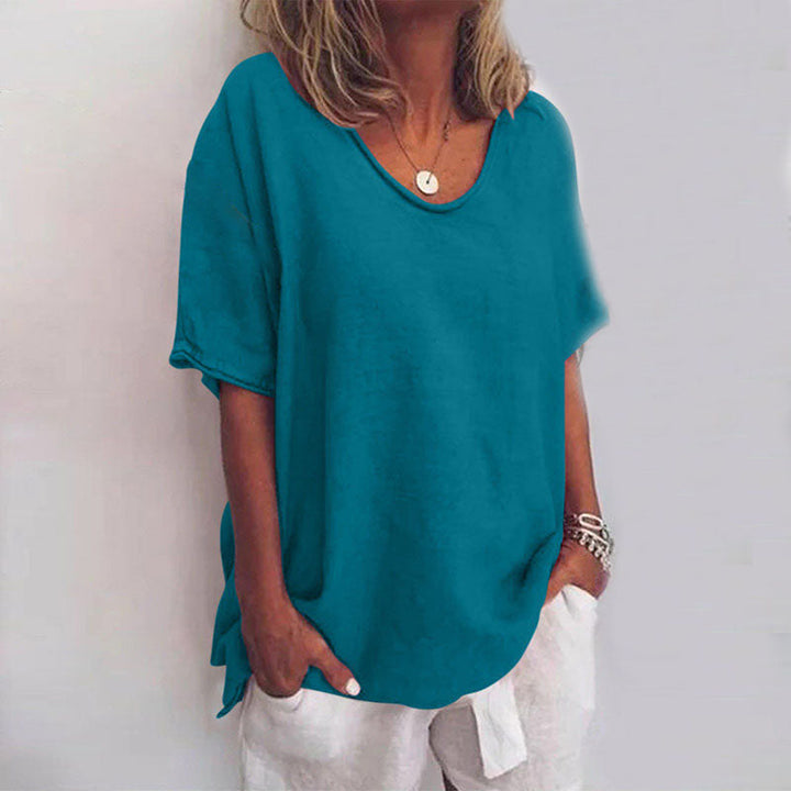 Dark grey relaxed-fit round-neck everyday top with a loose, floaty cut