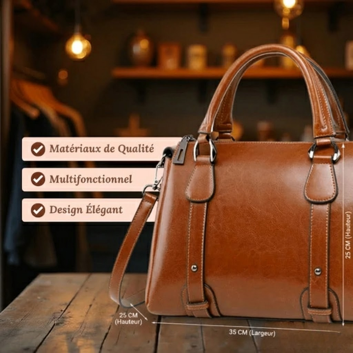 A woman with a polished structured shoulder bag resting at her hip while out for the day.