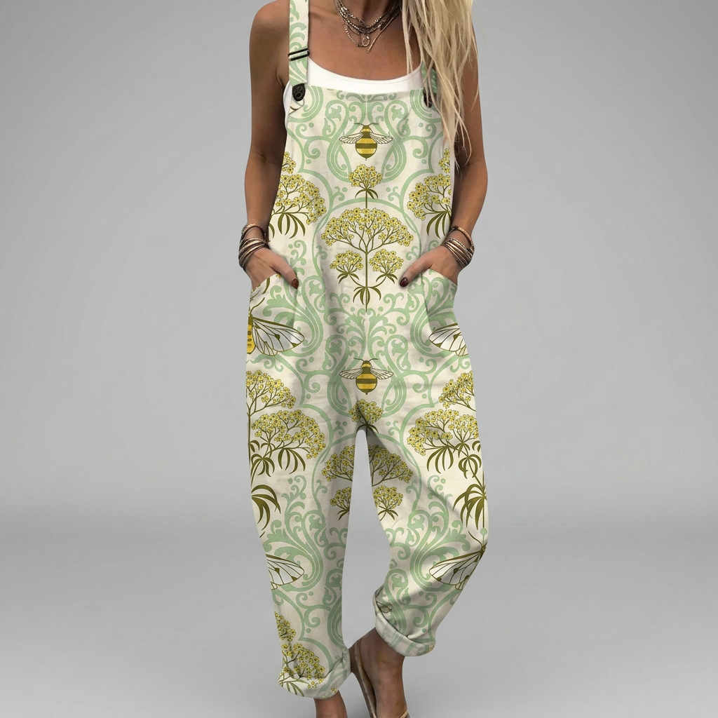 Wide-leg printed jumpsuit in a flowing, elegant silhouette with adjustable straps