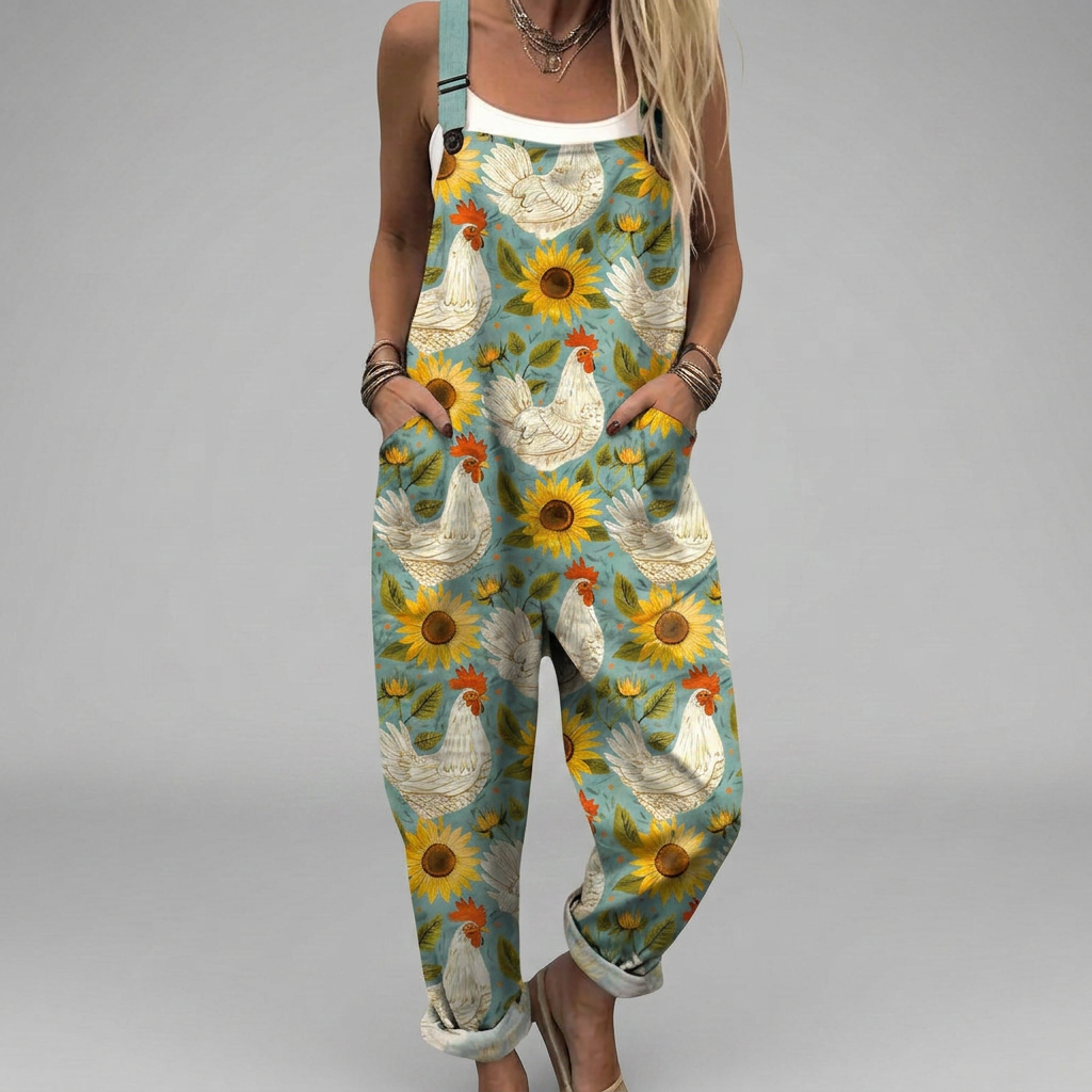 Printed wide-leg salopette jumpsuit with flowing silhouette and adjustable straps