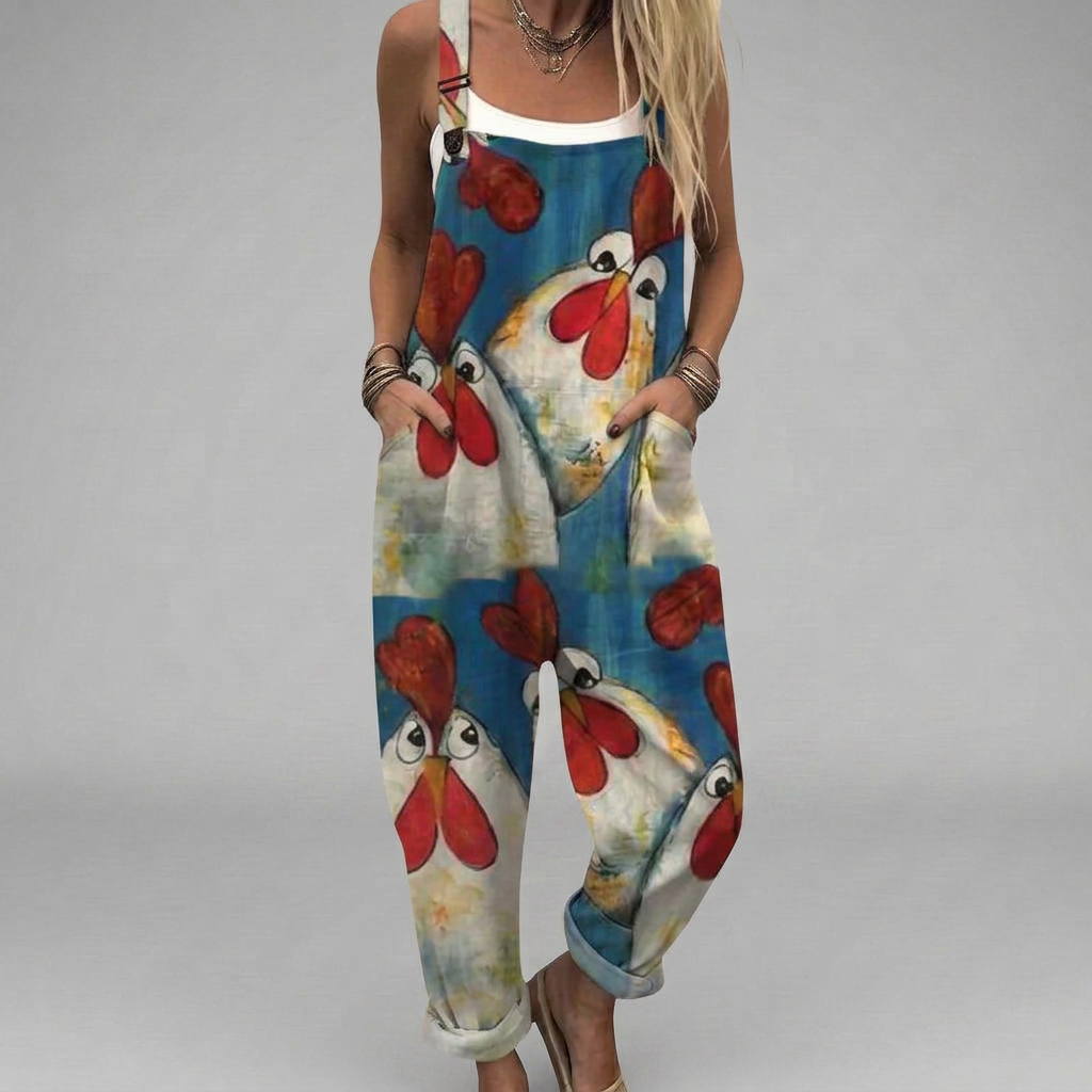 Creative printed salopette-style jumpsuit with wide legs and adjustable shoulder straps