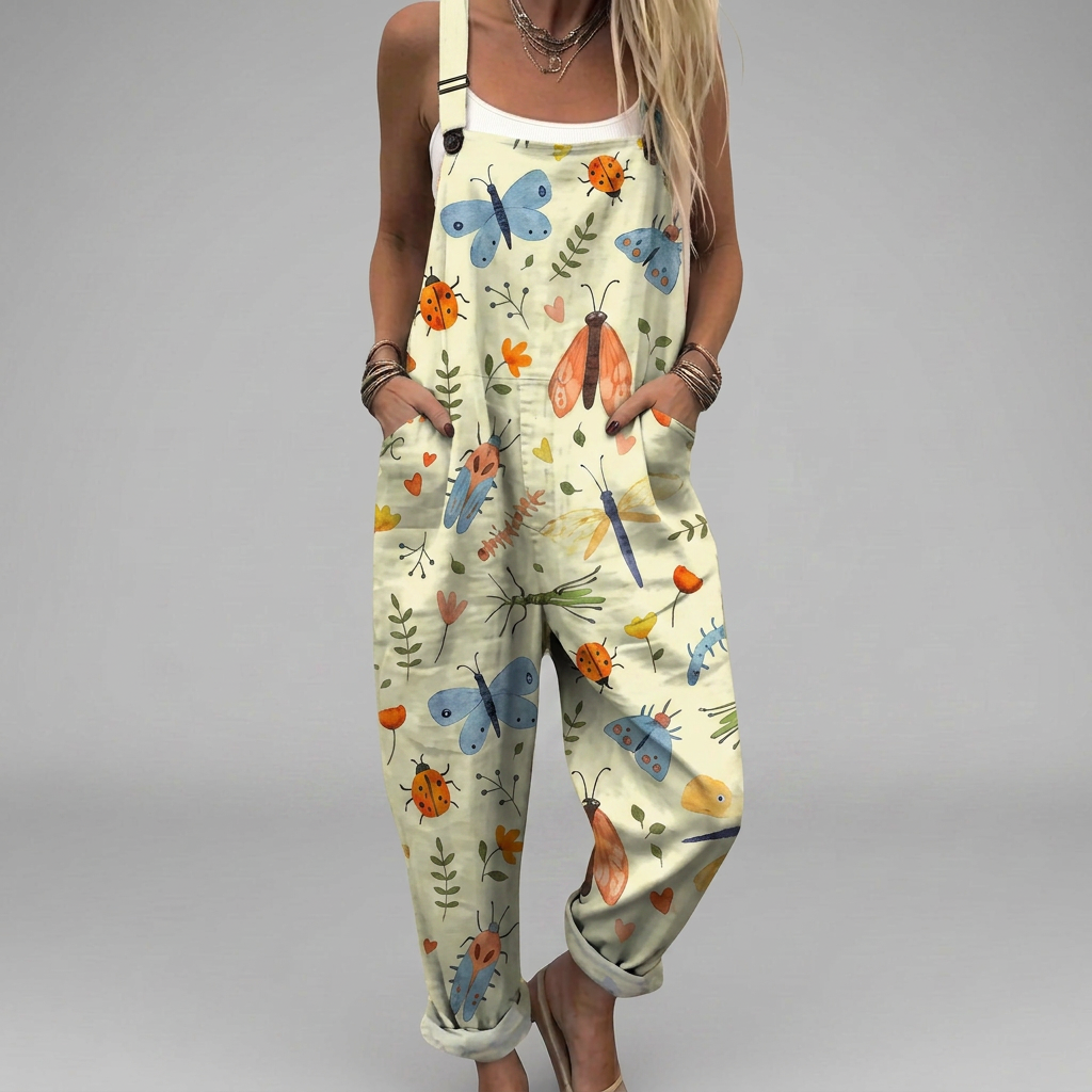 Bright printed wide-leg salopette jumpsuit with flowing legs and adjustable straps