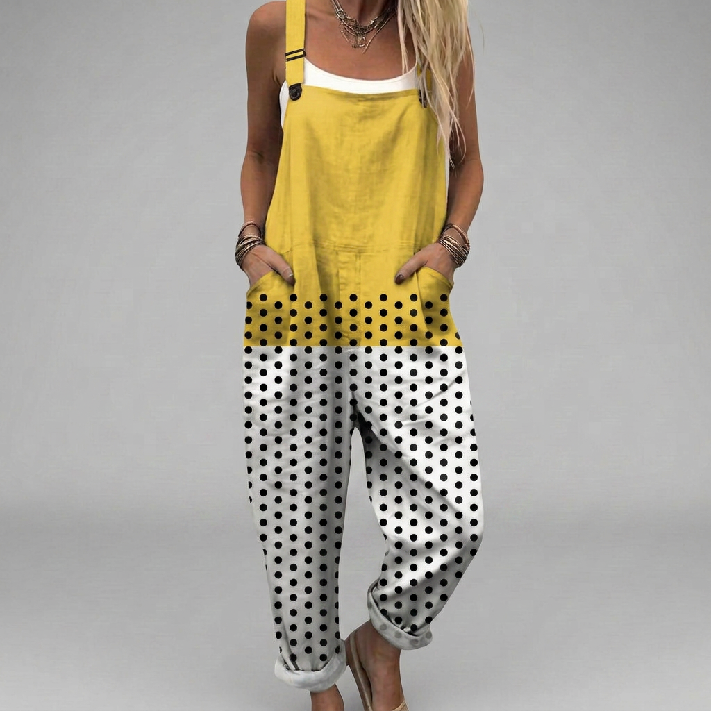 Flowing printed wide-leg salopette jumpsuit with adjustable straps and an elegant, relaxed silhouette