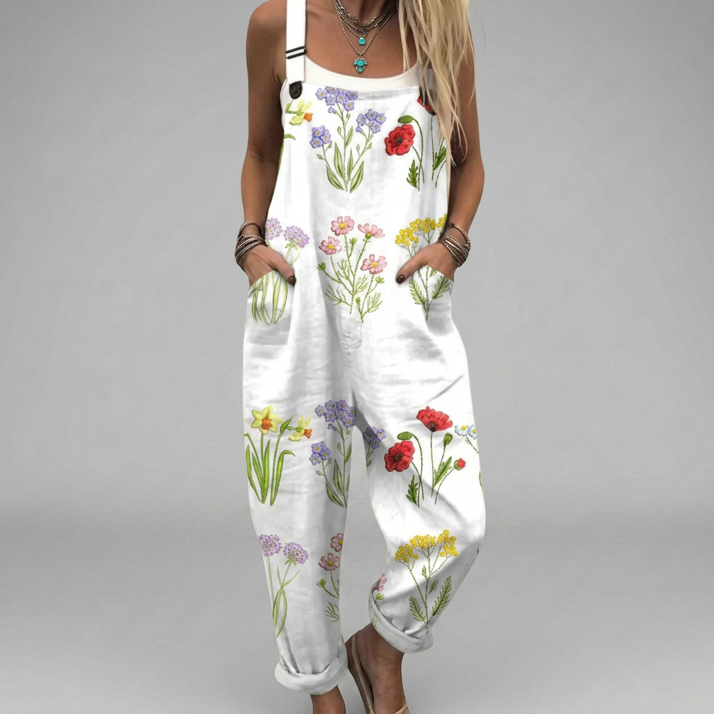 Bold printed wide-leg salopette jumpsuit with flowing silhouette and adjustable shoulder straps