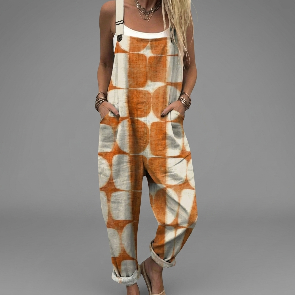 Soft printed wide-leg salopette jumpsuit with flowing silhouette and adjustable shoulder straps