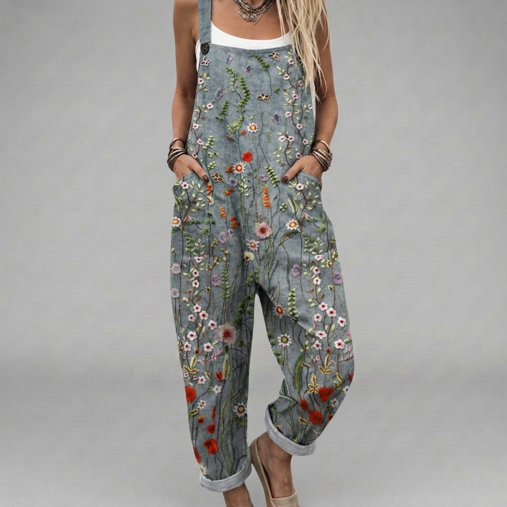 Printed wide-leg jumpsuit with adjustable straps in a relaxed, floaty silhouette