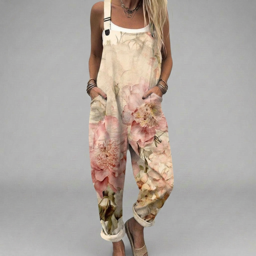 Terrace printed wide-leg jumpsuit with a relaxed, flowing silhouette and adjustable shoulder straps