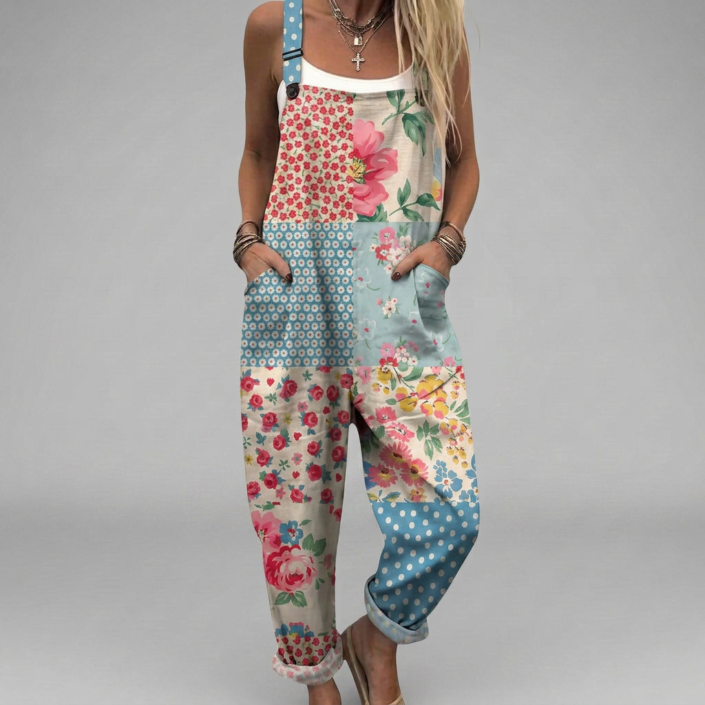 Maeve printed wide-leg jumpsuit in a relaxed, floaty style with adjustable shoulder straps