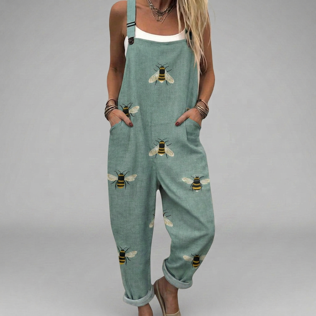 Fresh printed wide-leg jumpsuit with adjustable shoulder straps in a relaxed, floaty style