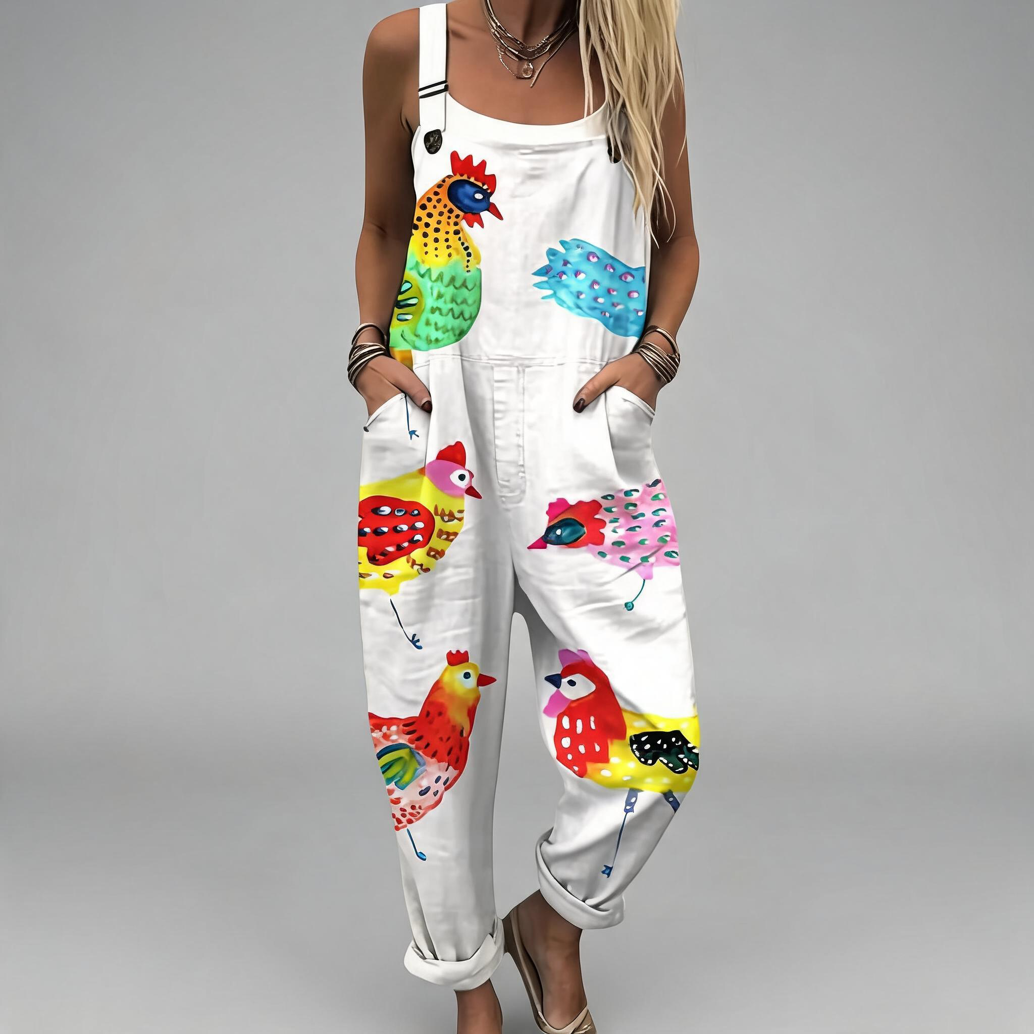 Printed wide-leg salopette jumpsuit with flowing fabric and adjustable shoulder straps
