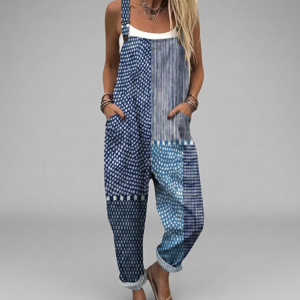 Harmony printed wide-leg jumpsuit with a graceful, balanced silhouette and adjustable straps