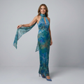 Blue halter neck maxi dress with a sheer floaty overlay and front slit