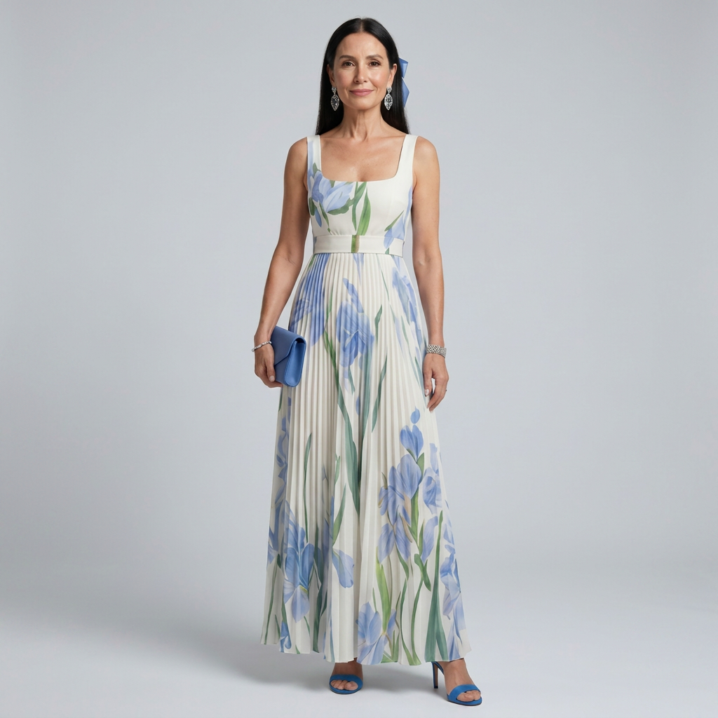 White floral midi dress with a square neckline and pleated flowing skirt
