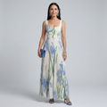 White floral midi dress with a square neckline and pleated flowing skirt