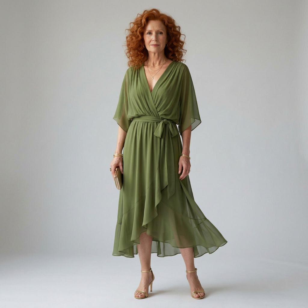 Green floaty midi dress with a draped V-neckline and soft bow waist detail