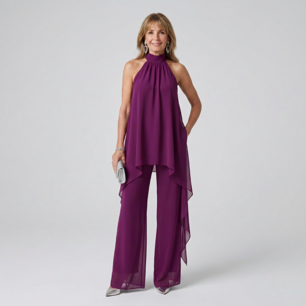 Purple halter neck tunic top with matching wide-leg trousers and a sheer asymmetric overlay