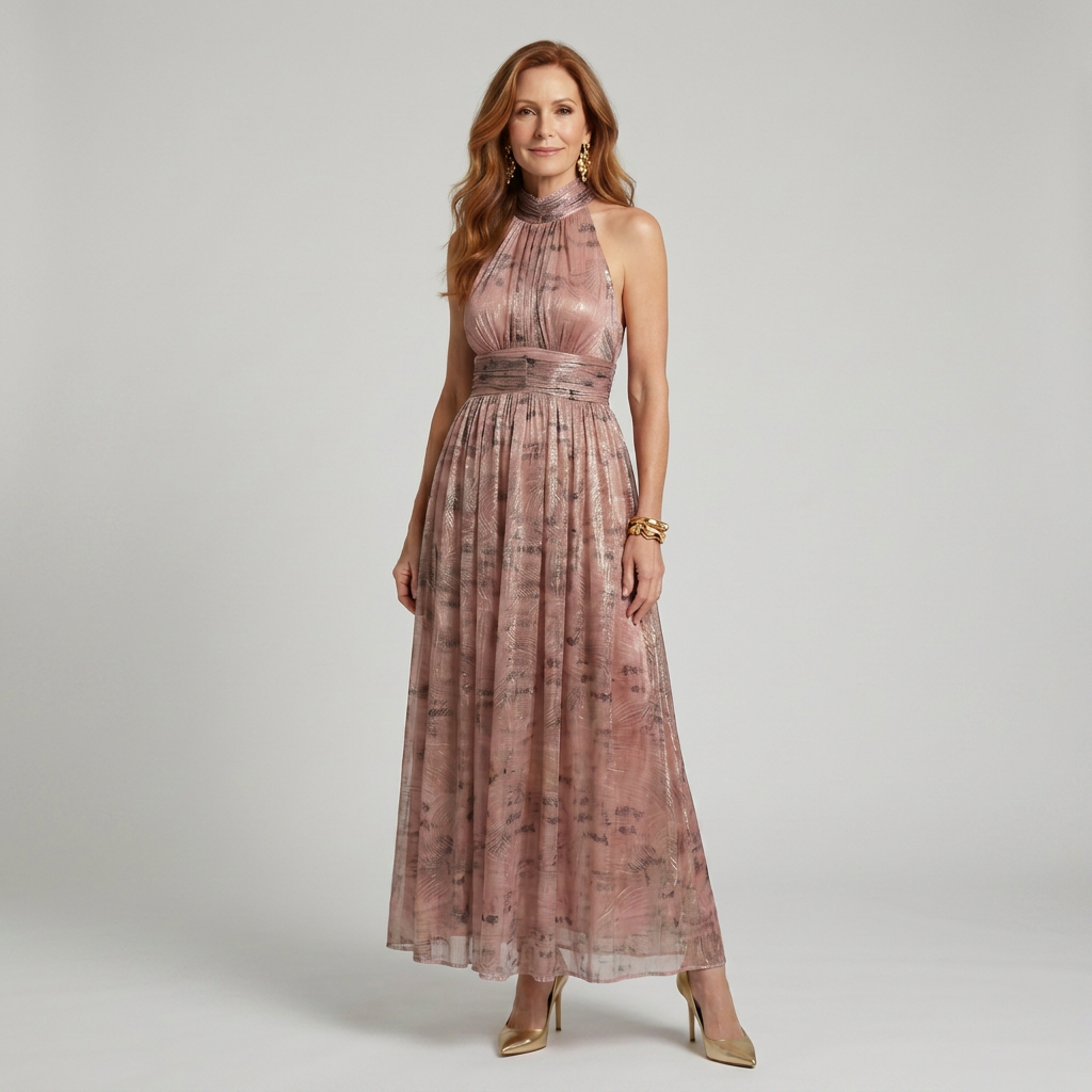 Pink sleeveless high-neck midi dress with a subtle textured finish and pleated skirt