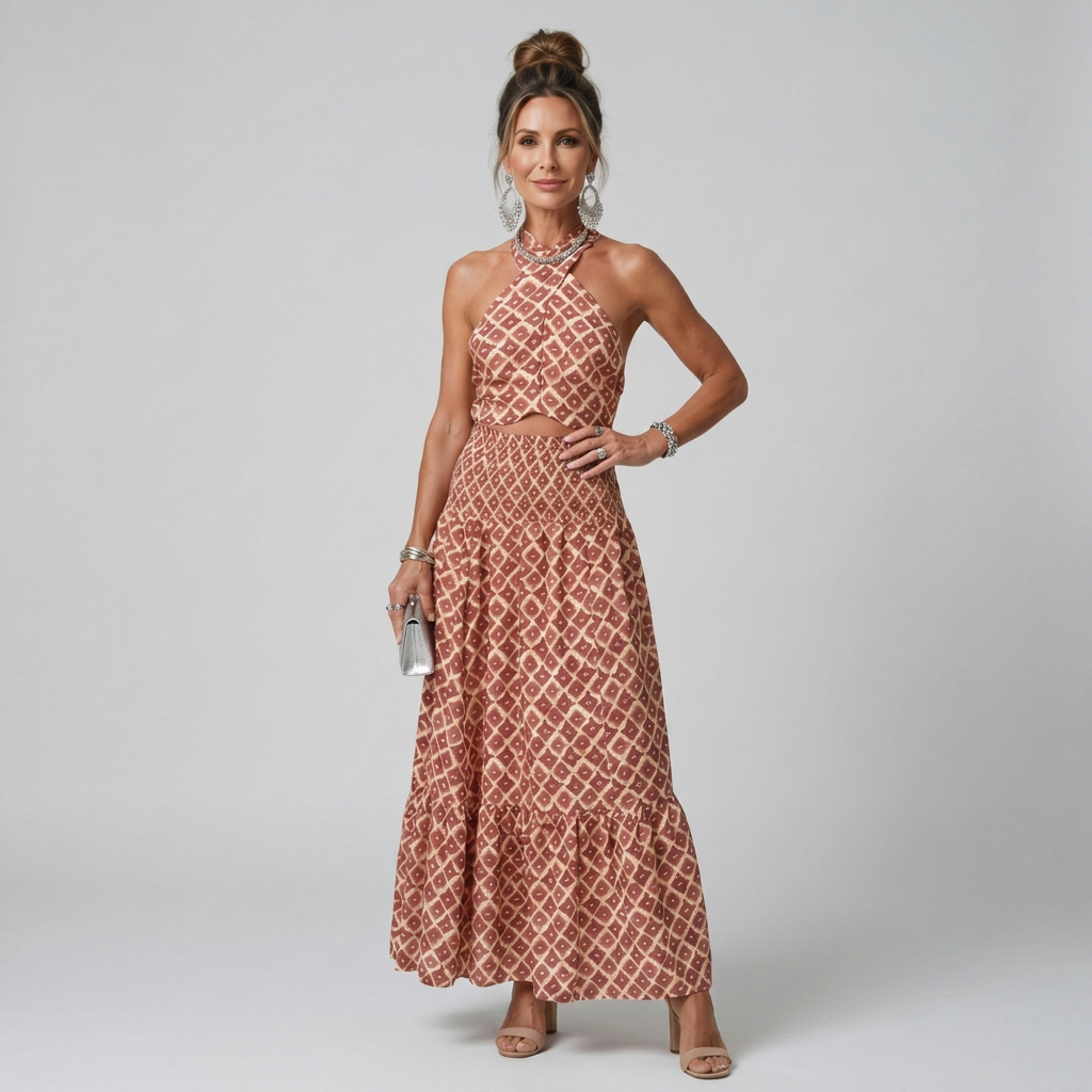 Geometric multicolour crossover halter midi dress with a fluid flowing skirt