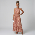 Geometric multicolour crossover halter midi dress with a fluid flowing skirt