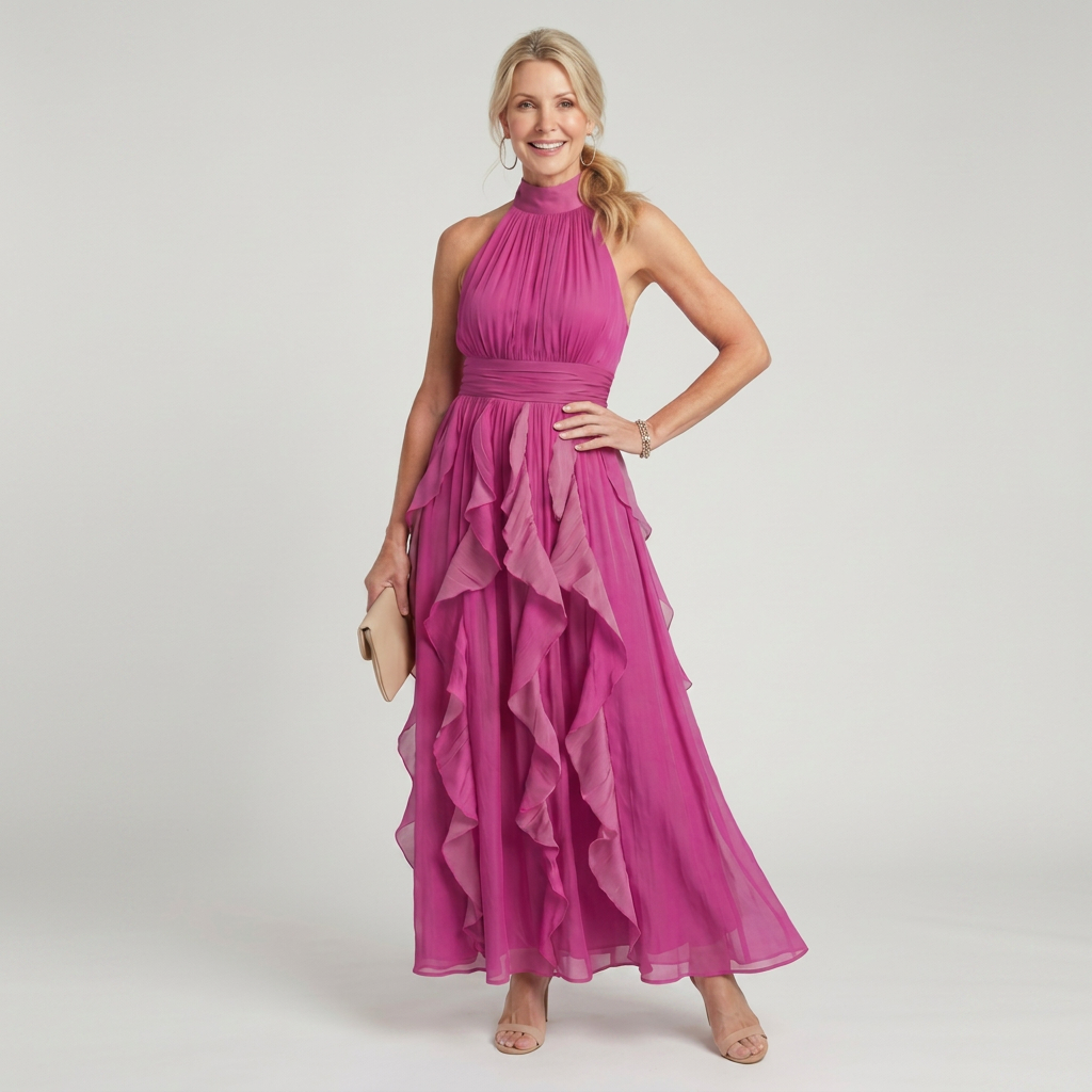 Pink halter maxi dress with a ruched bodice and cascading layered ruffle skirt