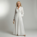 White long-sleeve button-front maxi dress with a gathered waist and full flowing skirt