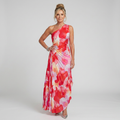 Floral one-shoulder midi dress with a pleated bodice and a flowing relaxed skirt