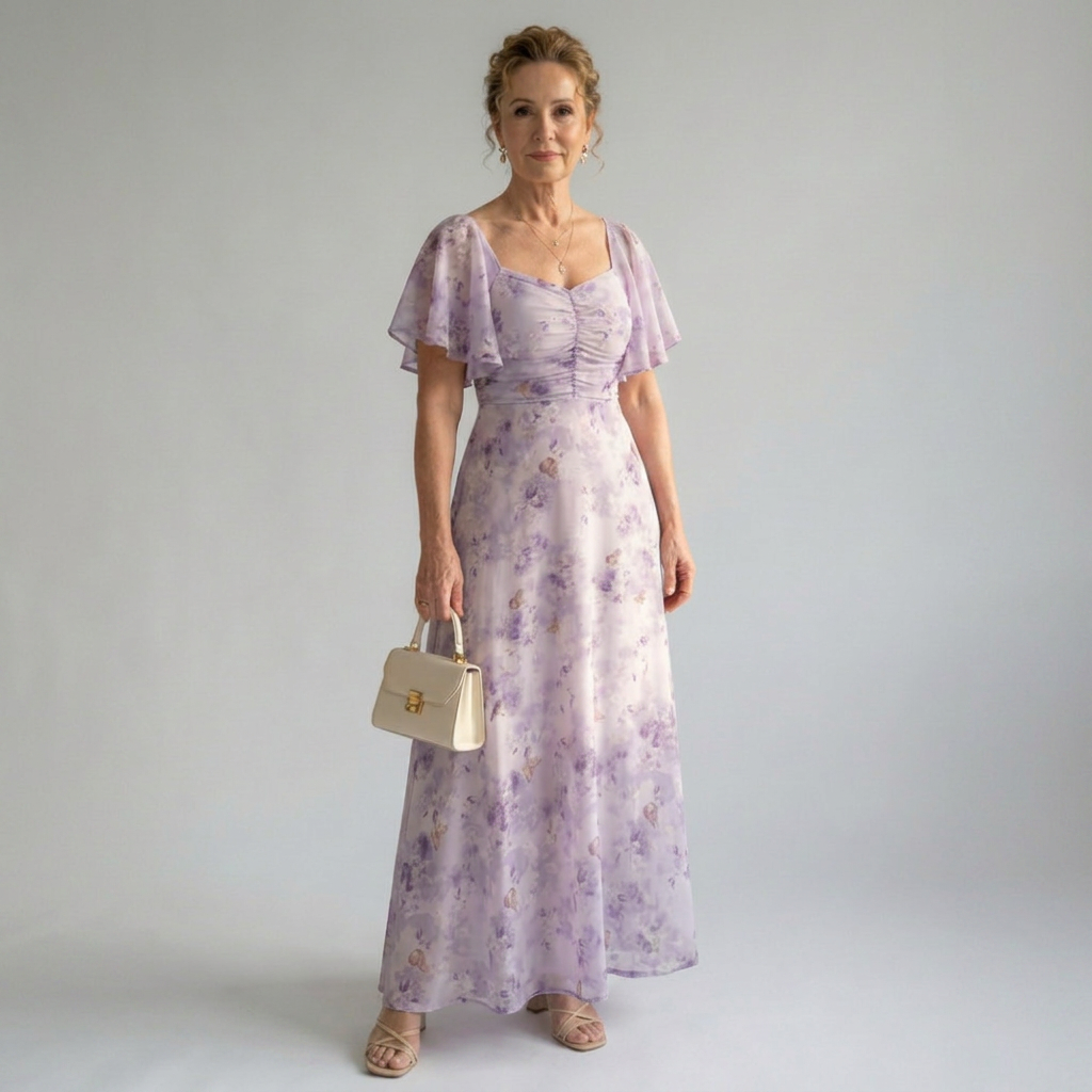 Floral midi dress with a square neckline and short flutter sleeves in a delicate print