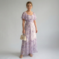 Floral midi dress with a square neckline and short flutter sleeves in a delicate print