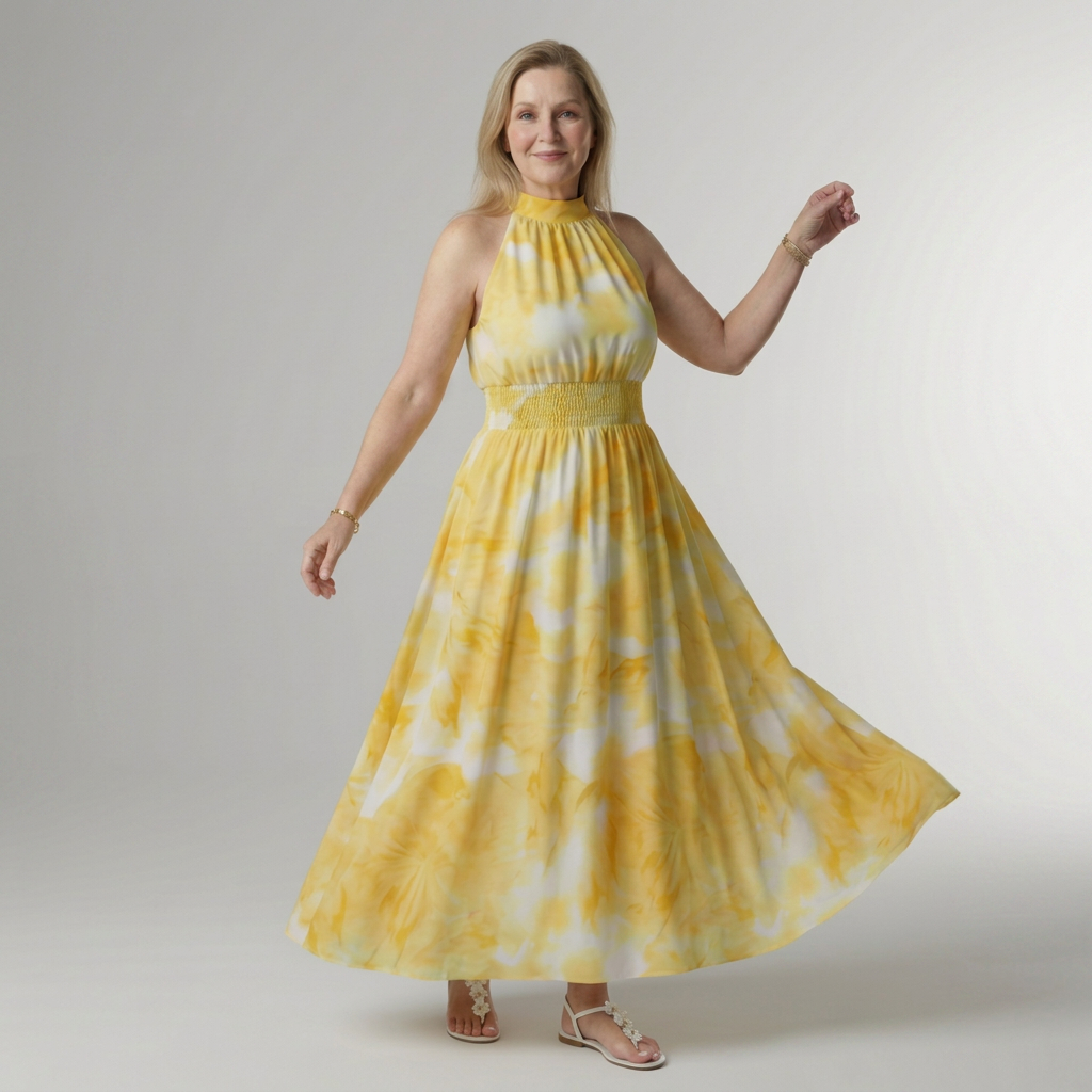 Yellow halter neck midi dress with a ruched waist detail in a clean, simple silhouette