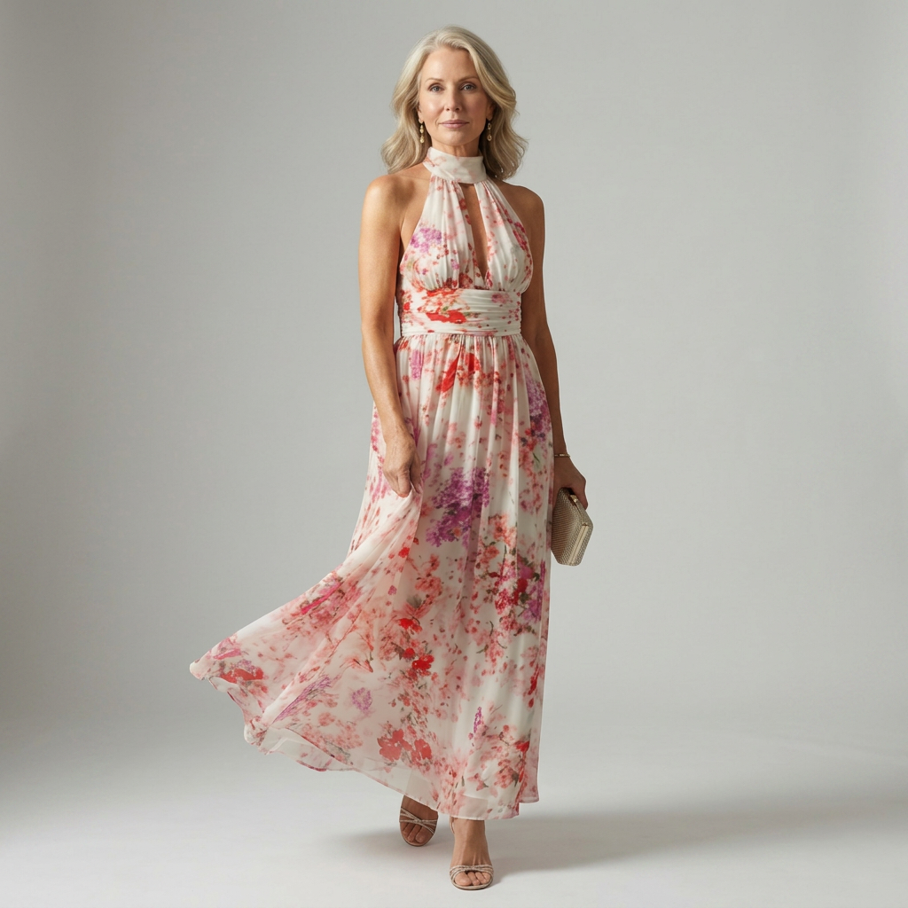 Floral halter neck maxi dress with a ruched neckline detail and a relaxed flowing skirt