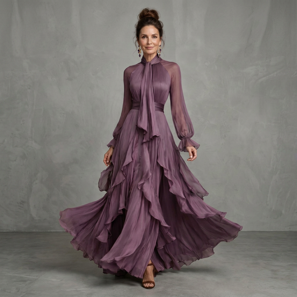 Purple long-sleeve maxi dress with a bow neckline and full layered ruffle skirt