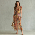 Multicolour fitted midi dress with short flutter sleeves, ruched bodice and front slit