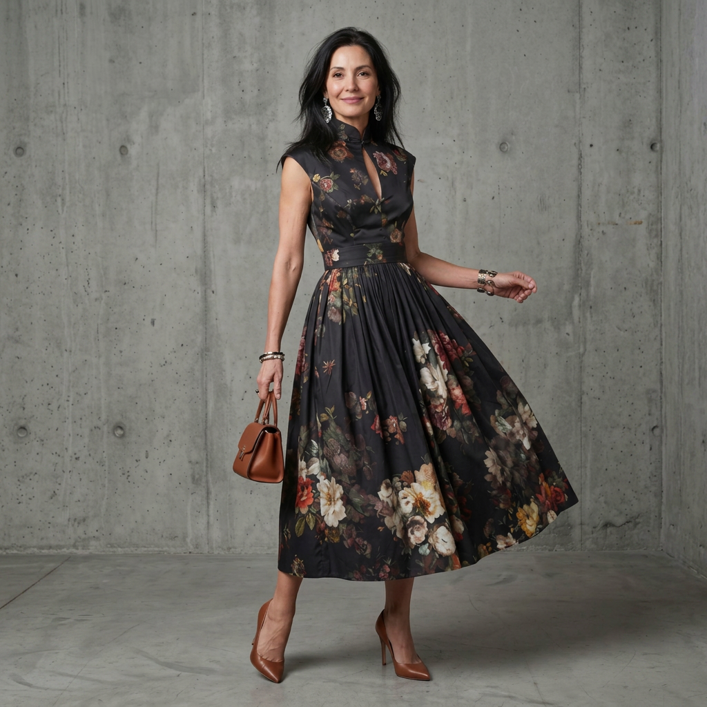 Black floral sleeveless midi dress with high neck and gently pleated skirt