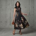Black floral sleeveless midi dress with high neck and gently pleated skirt