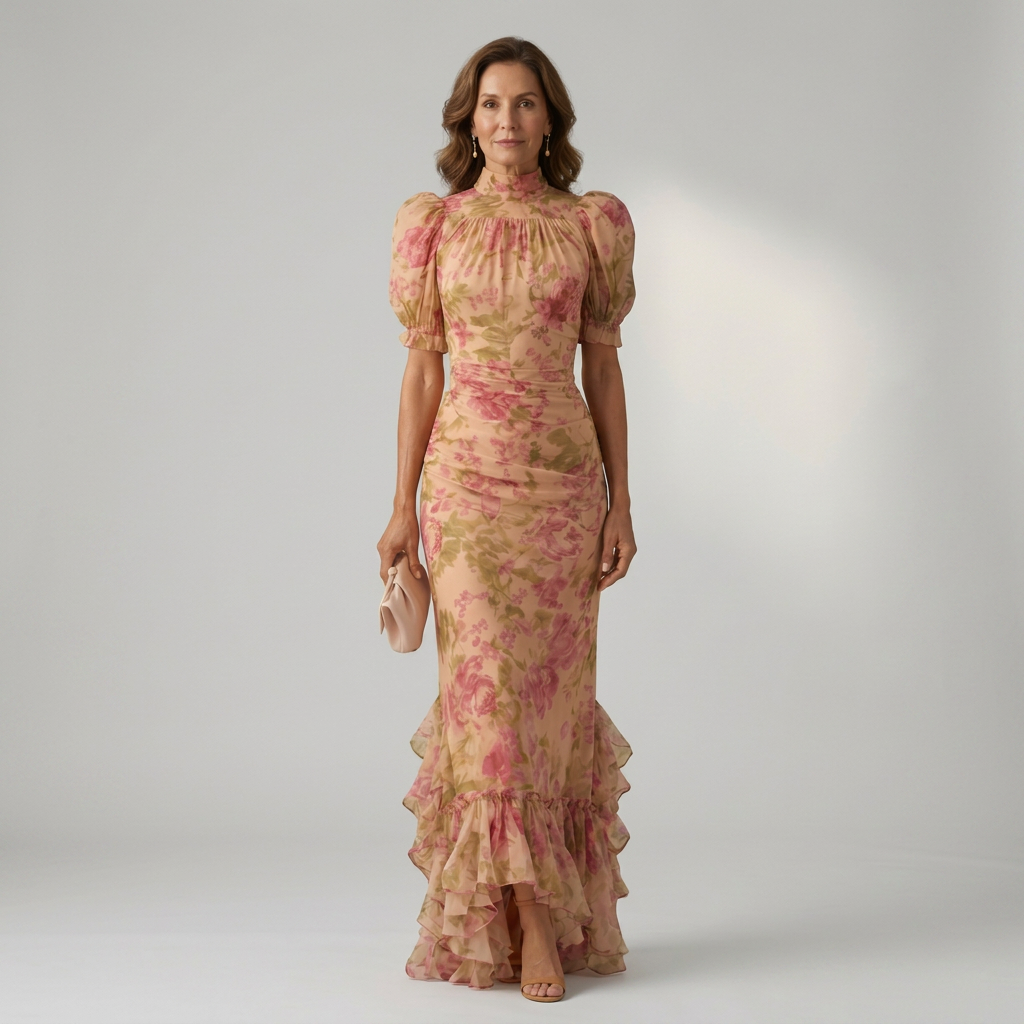 Floral maxi dress with gathered high neck, puffed short sleeves and frill hem detail