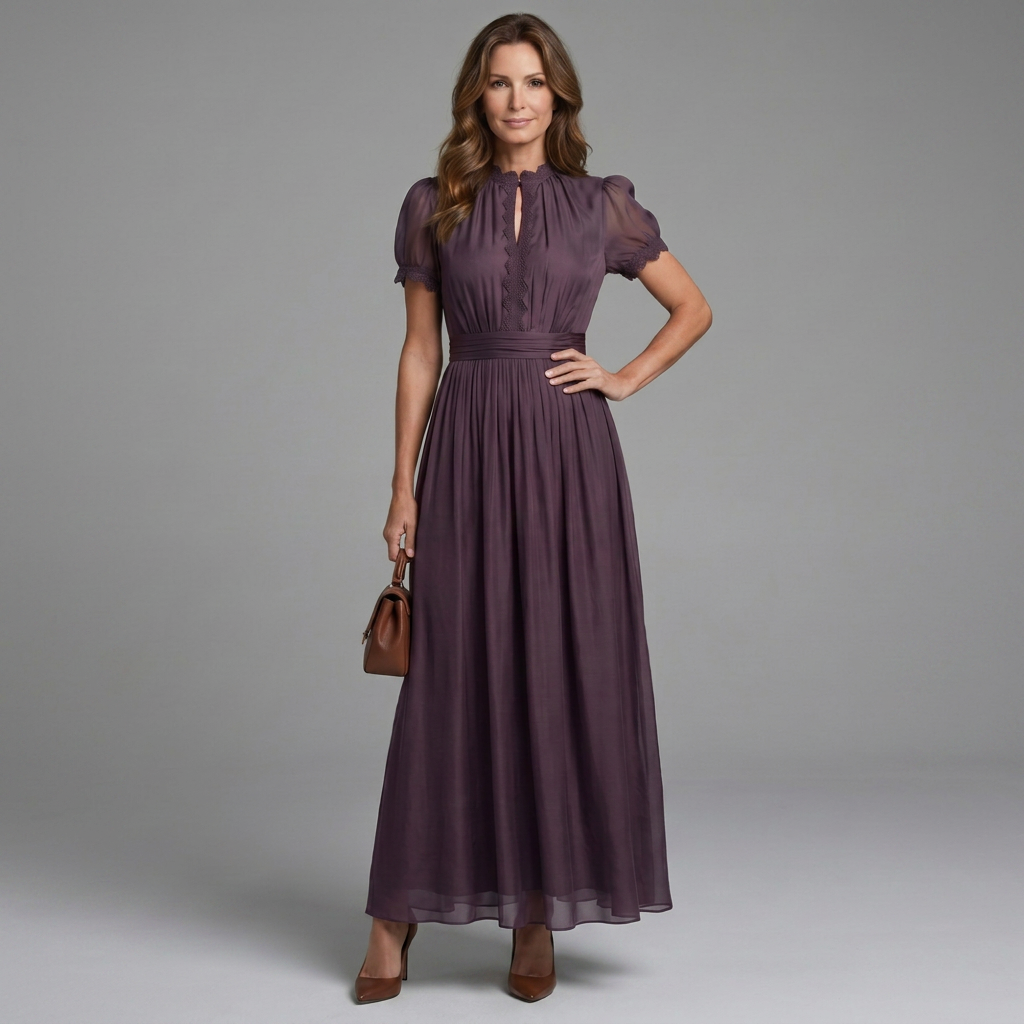 Purple maxi dress with keyhole front neckline, ruched body and flowing skirt