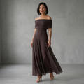 Brown midi dress with off-shoulder draped neckline and sheer outer layer over smooth lining