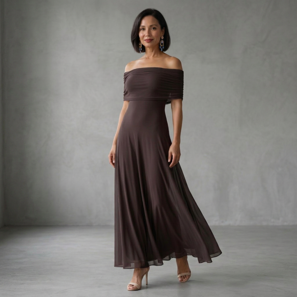 Brown midi dress with off-shoulder draped neckline and sheer outer layer over smooth lining