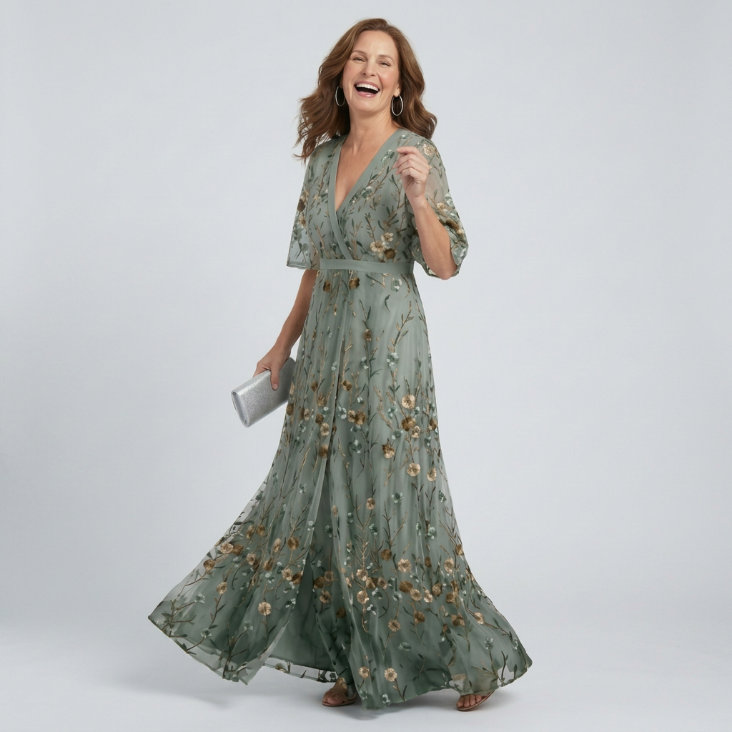 Sage green halter-neck midi dress with all-over floral print and loose flowing silhouette