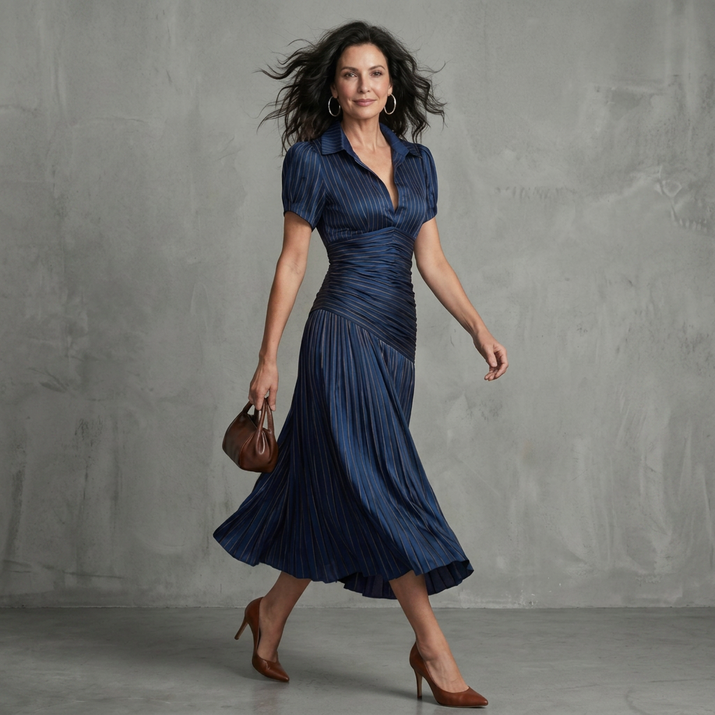 Blue and white striped midi dress with collared neckline and gently pleated waist and skirt