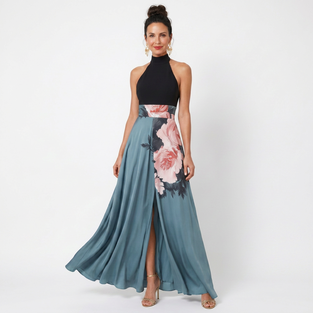 Multicolour floral halter-neck maxi dress with fitted bodice and flowing skirt with front split