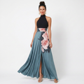Multicolour floral halter-neck maxi dress with fitted bodice and flowing skirt with front split