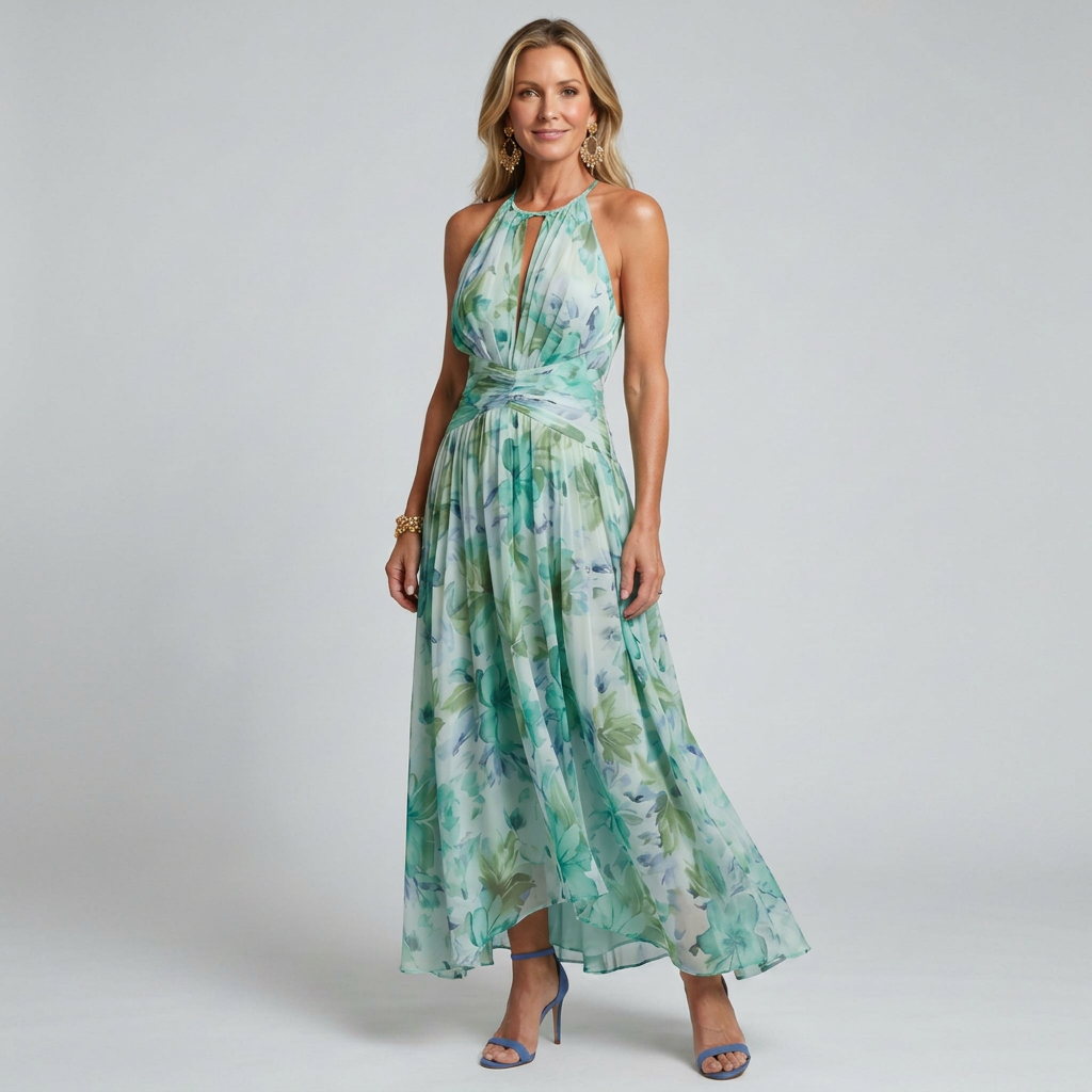 Green floral halter-neck midi dress with subtle keyhole neckline and pleated flowing skirt
