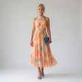 Multicolour halter-neck midi dress with ruched neckline, defined waist and flowing skirt