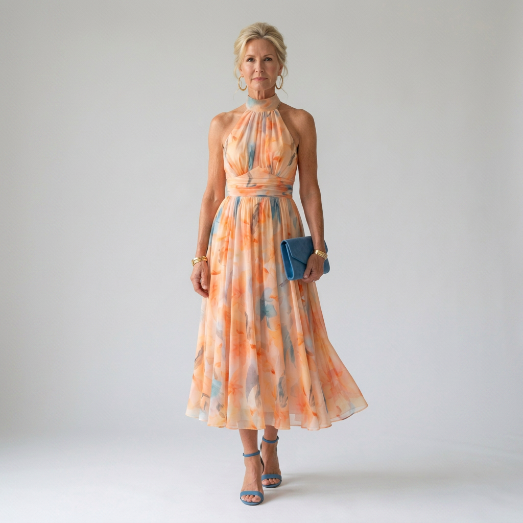 Multicolour halter-neck midi dress with ruched neckline, defined waist and flowing skirt