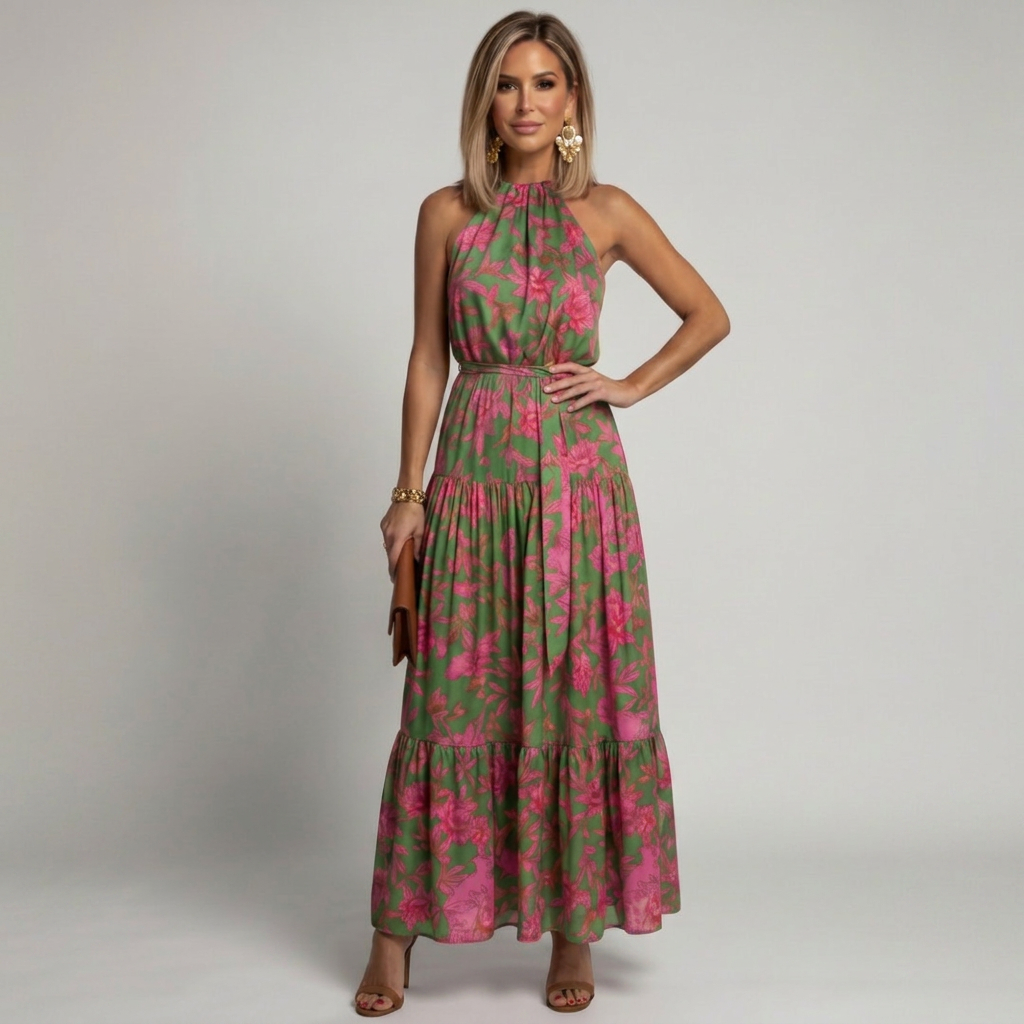 Floral halter-neck midi dress with softly draped bodice and layered flowing skirt